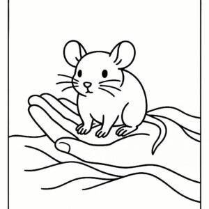 Coloring page of a little rodent, curious critter resting on a human hand
