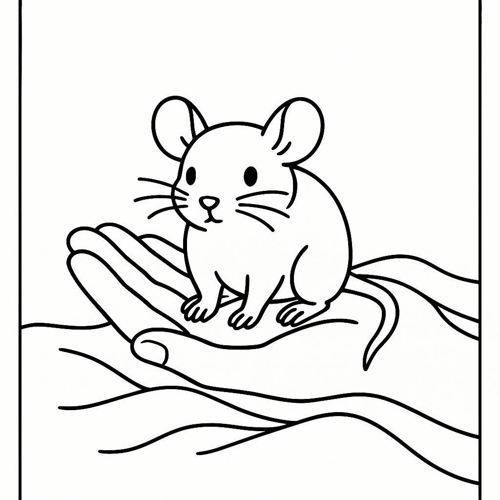 Coloring page of a little rodent, curious critter resting on a human hand