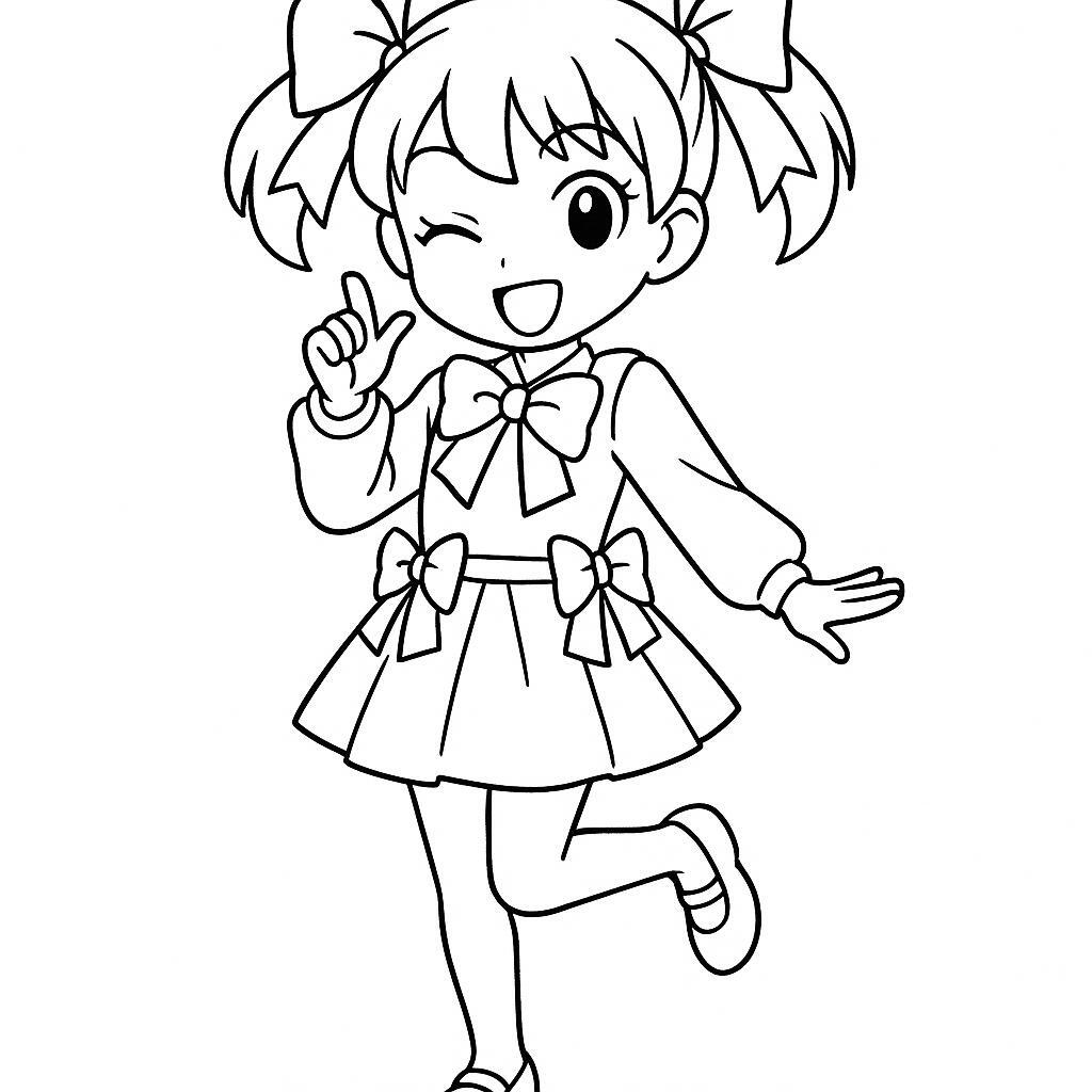 Coloring page of a manga character, choreographer doing a playful wink