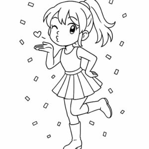 Coloring page of a manga character, dancer blowing a kiss