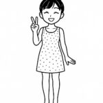 Page à colorier d’un personnage de manga, fan souriant et faisant le signe de la paix