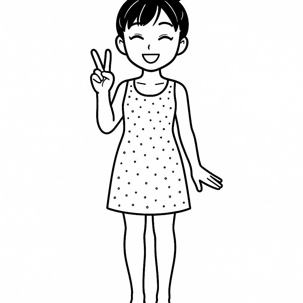 Coloring page of a manga character, fan smiling and making a peace sign