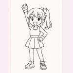 Coloring page of a manga character, idol raising one arm high