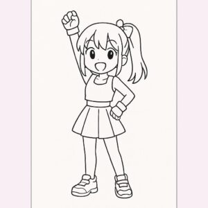 Coloring page of a manga character, idol raising one arm high