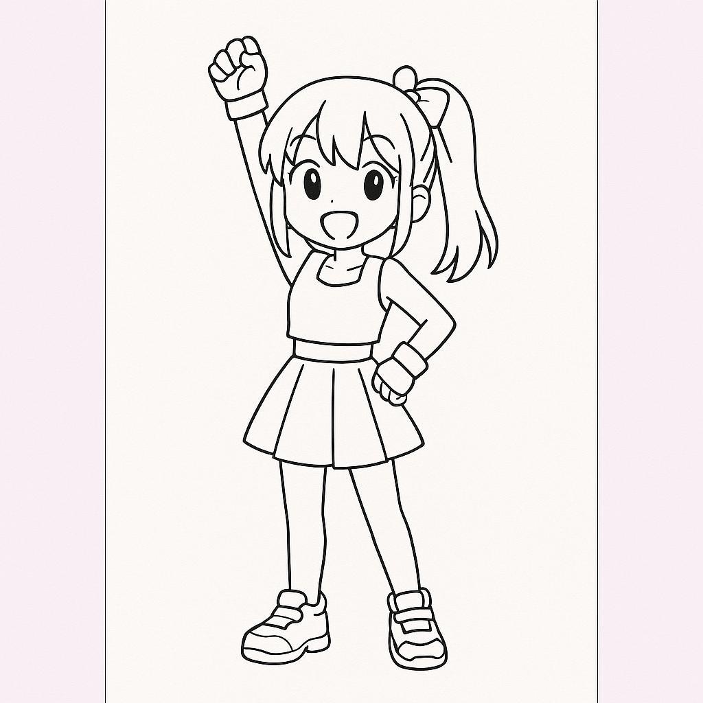 Coloring page of a manga character, idol raising one arm high