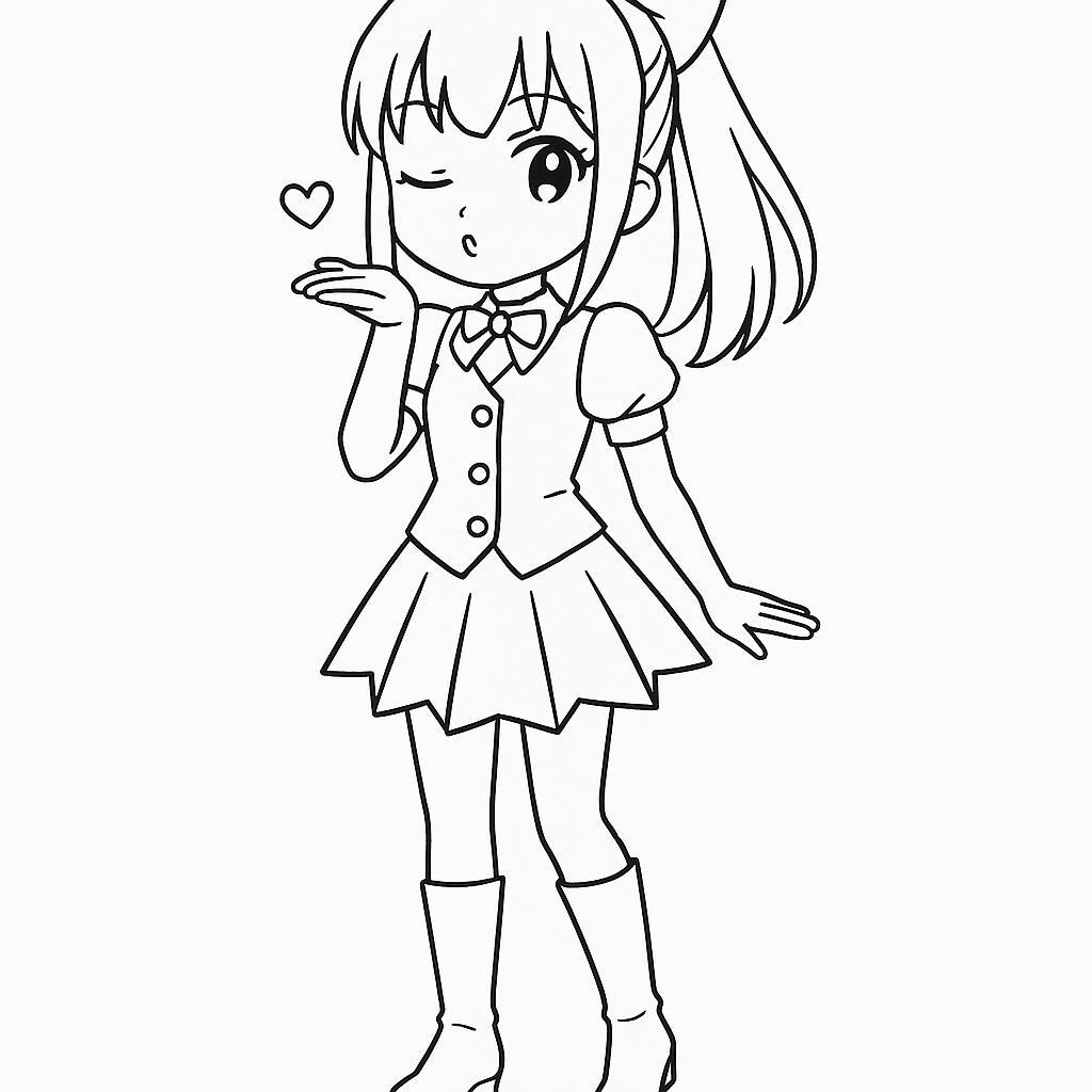 Coloring page of a manga character, influencer blowing a kiss