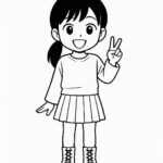 Page à colorier d&rsquo;un personnage de manga, maknae souriant et faisant le signe de la paix