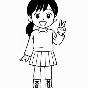 Coloring page of a manga character, maknae smiling and making a peace sign