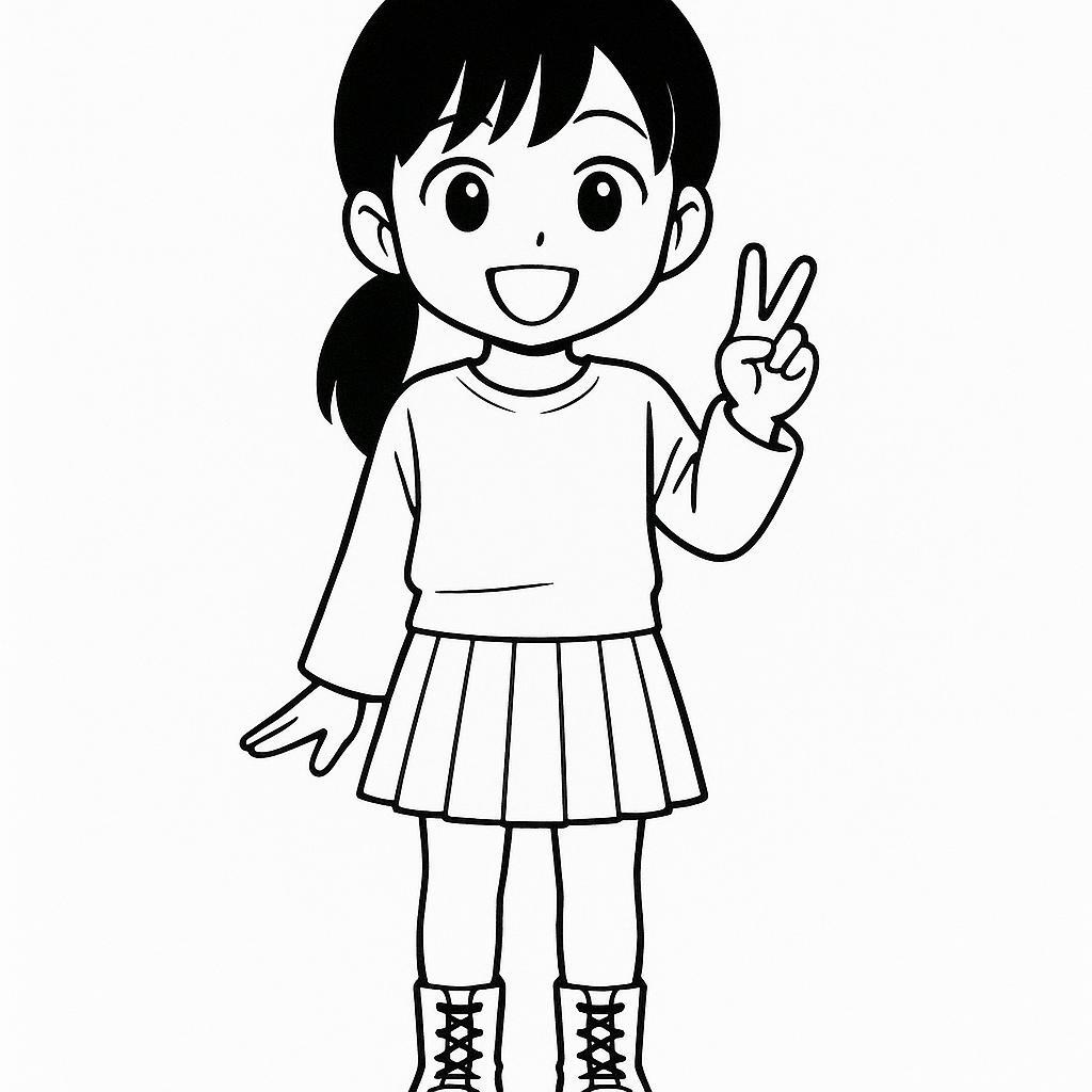 Coloring page of a manga character, maknae smiling and making a peace sign