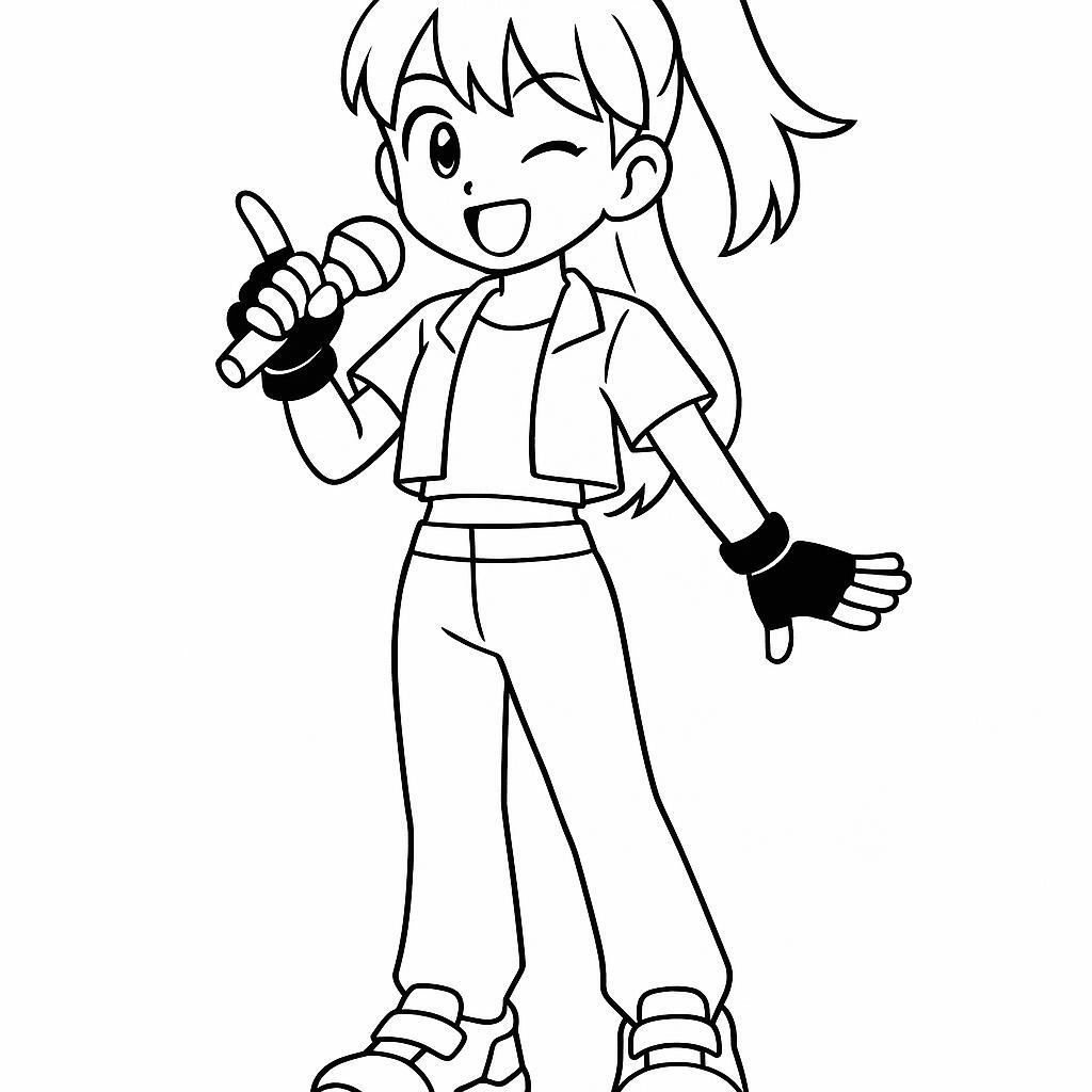 Coloring page of a manga character, singer doing a playful wink
