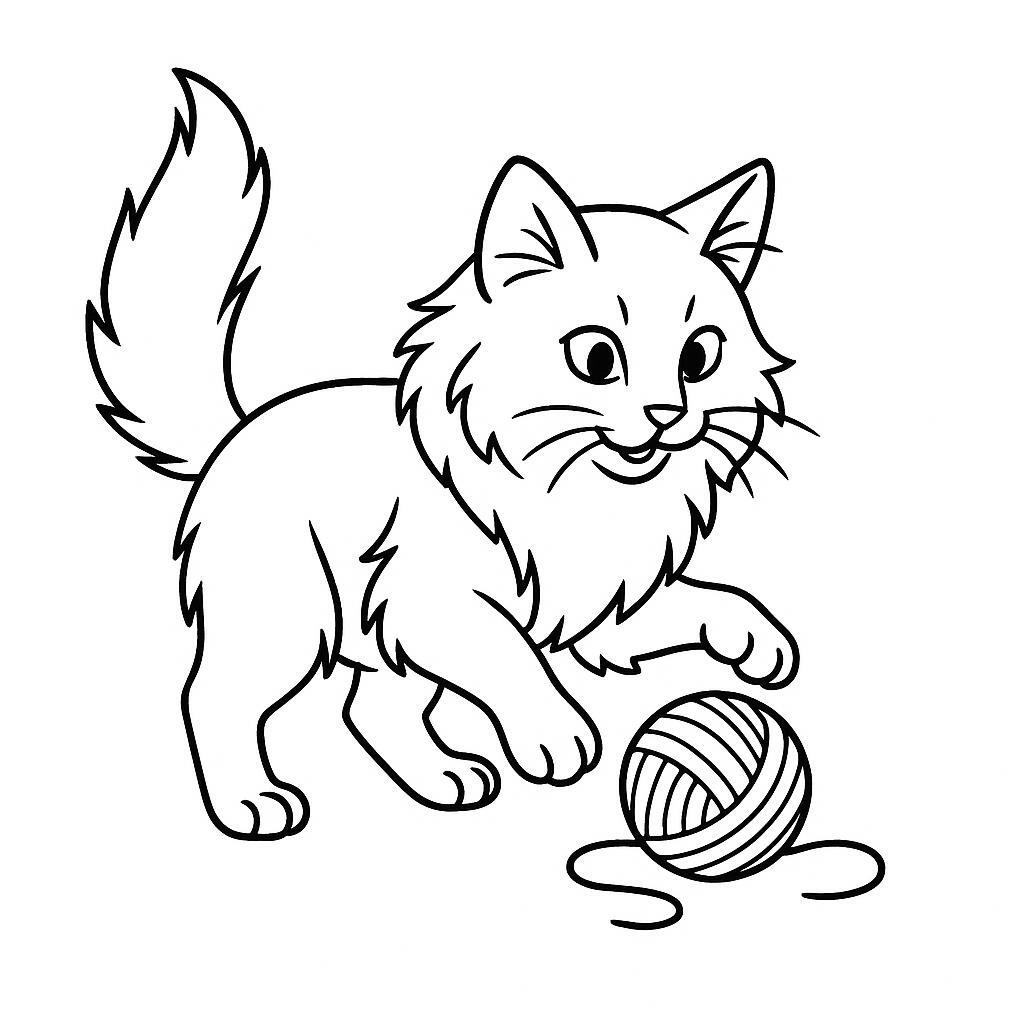Coloring page of a Norwegian Forest Cat cat, playful hunter playing with yarn