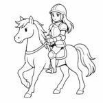 Page à colorier d’un poney, mustang libre d’esprit, une femme chevauchant en armure médiévale