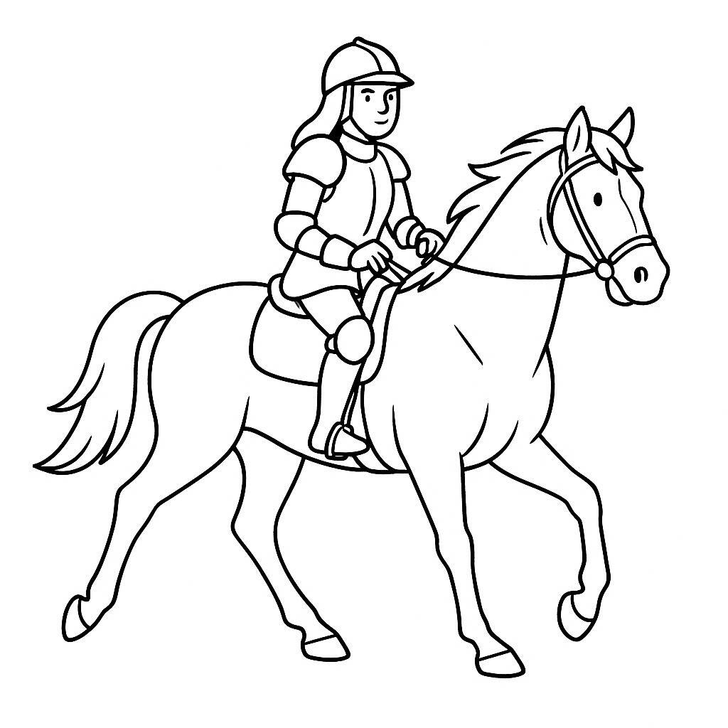 Coloring page of a racehorse, racing champion a woman riding in medieval armor