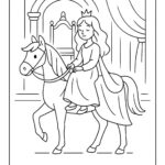Page à colorier d&rsquo;une jeune fille royale, douce rêveuse chevauchant un cheval blanc