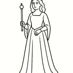 Coloring page of a royal maiden, kind ruler holding a scepter