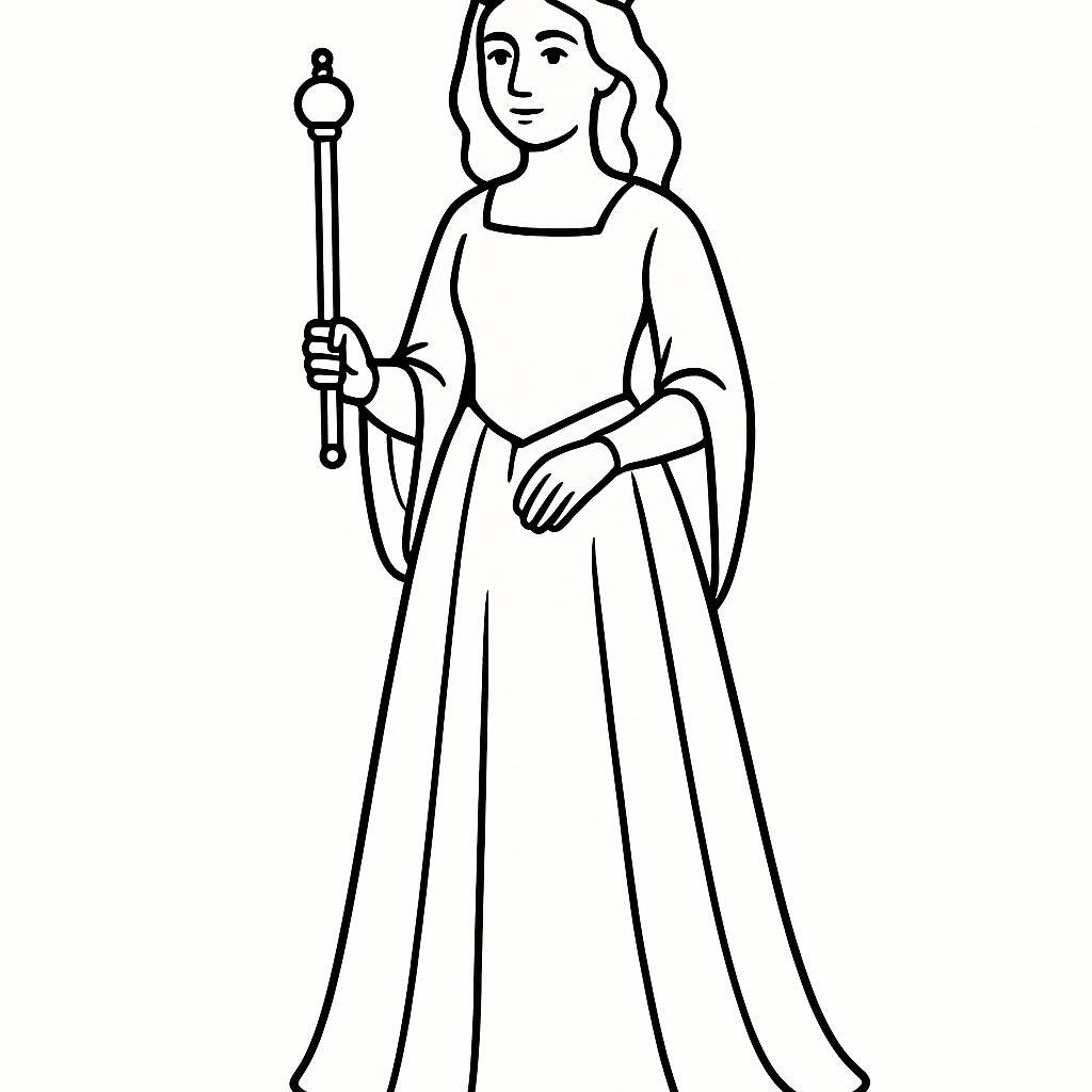 Coloring page of a royal maiden, kind ruler holding a scepter