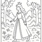 Coloring page of a royal maiden, kind ruler walking in a garden