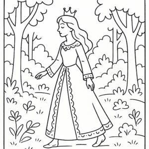 Coloring page of a royal maiden, kind ruler walking in a garden