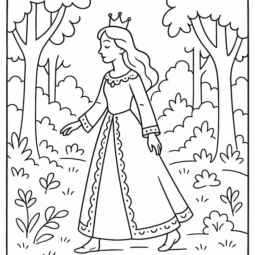 Coloring page of a royal maiden, kind ruler walking in a garden