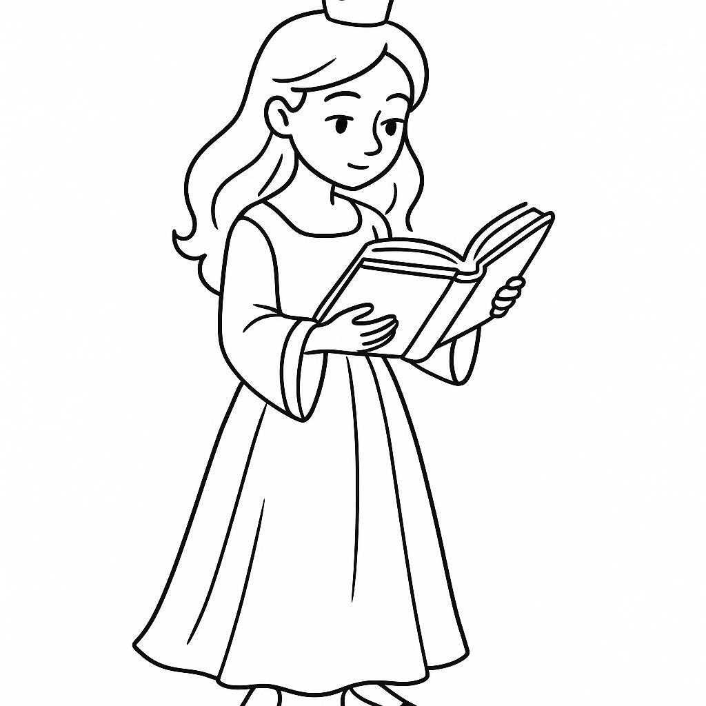 Coloring page of a royal maiden, royal beauty reading an ancient book