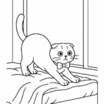 Page de coloriage d&rsquo;un chat Scottish Fold, chat curieux s&rsquo;étirant sur un rebord de fenêtre