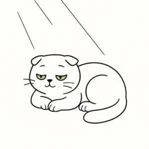 Coloring page of a Scottish Fold cat, lazy napper sleeping in a sunbeam