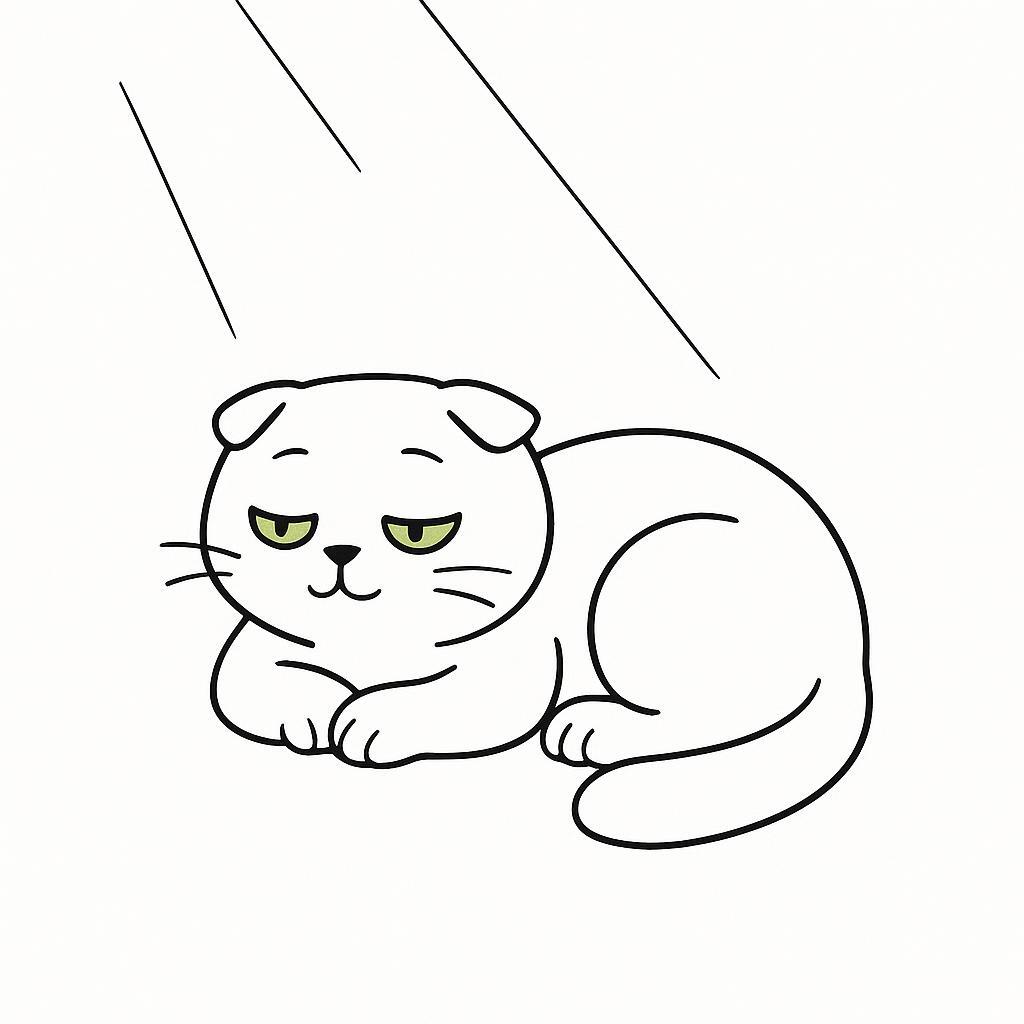 Coloring page of a Scottish Fold cat, lazy napper sleeping in a sunbeam