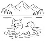 Page de coloriage d’un chien Shiba Inu, fidèle compagnon nageant dans un lac