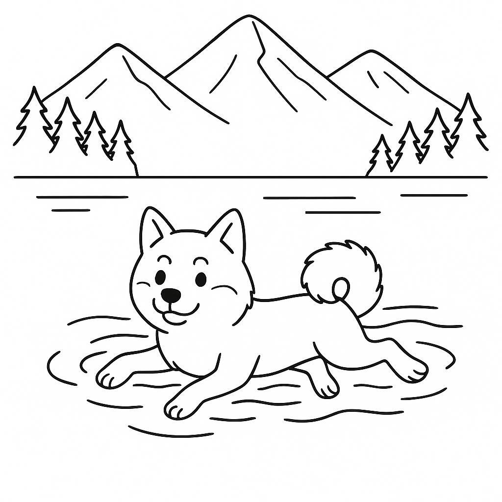 Coloring page of a Shiba Inu dog, loyal companion swimming in a lake