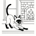Page à colorier d’un chat Siamois, dormeur paresseux s’étirant sur un rebord de fenêtre