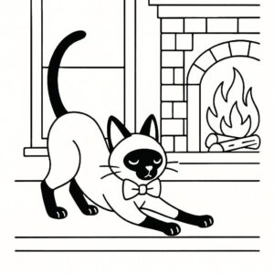 Coloring page of a Siamese cat, lazy napper stretching on a windowsill