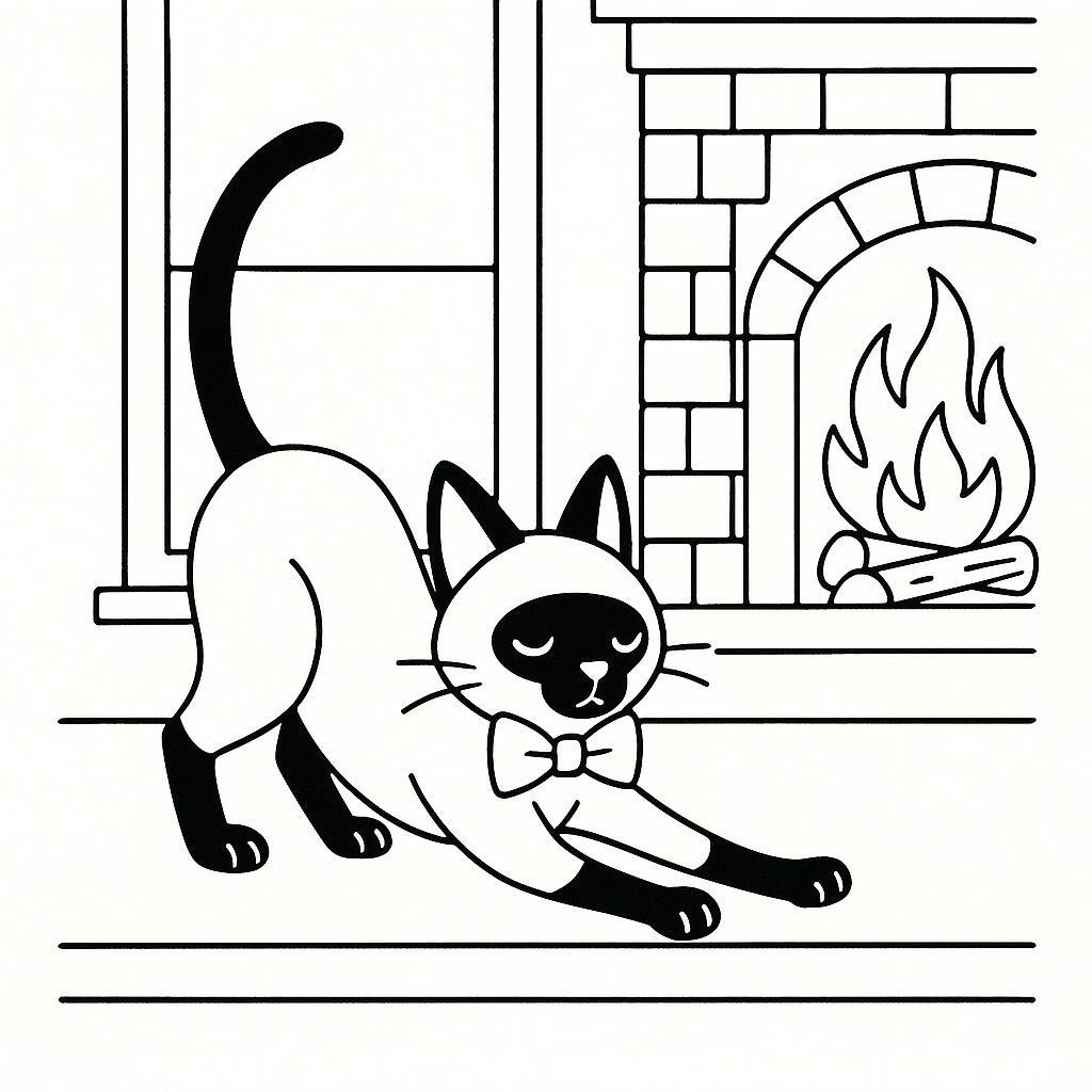 Coloring page of a Siamese cat, lazy napper stretching on a windowsill