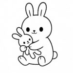 Page de coloriage d&rsquo;un animal smoosh squishy, lapin dodu câlinant un jouet en peluche