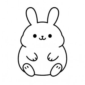 Coloring page of a smoosh squishy animal, chubby bunny sitting happily