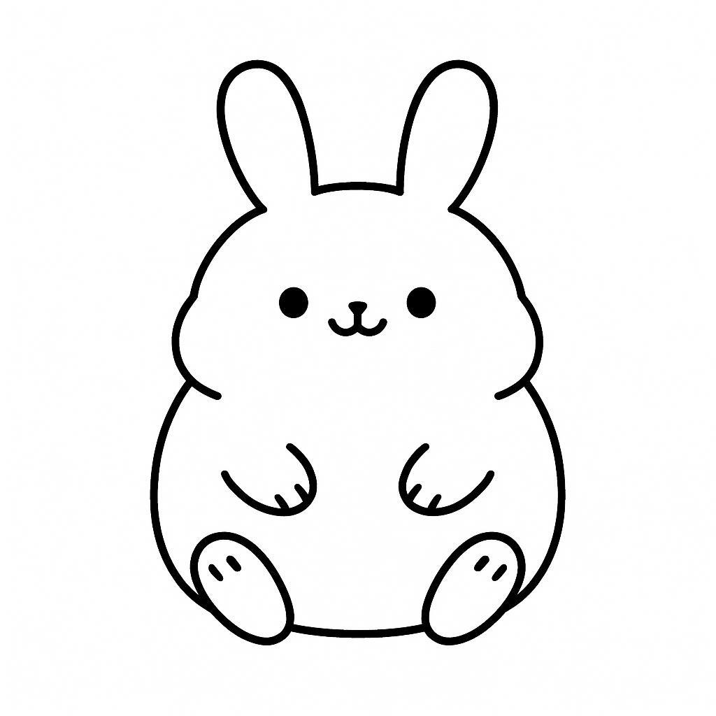Coloring page of a smoosh squishy animal, chubby bunny sitting happily