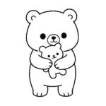 Page de coloriage d’un animal smoosh squishy, ours moelleux câlinant un jouet en peluche