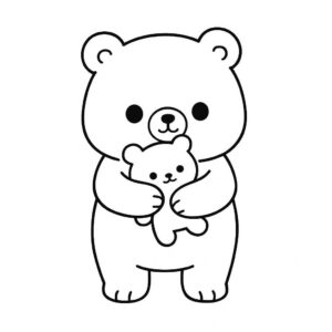 Coloring page of a smoosh squishy animal, fluffy bear hugging a plush toy