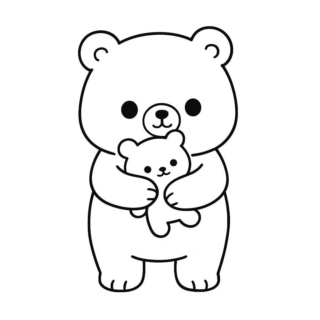 Coloring page of a smoosh squishy animal, fluffy bear hugging a plush toy