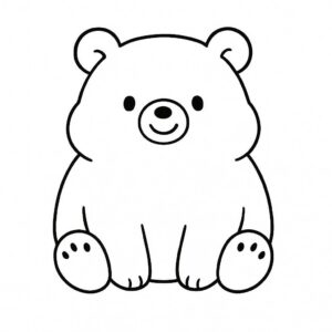 Coloring page of a smoosh squishy animal, fluffy bear sitting happily