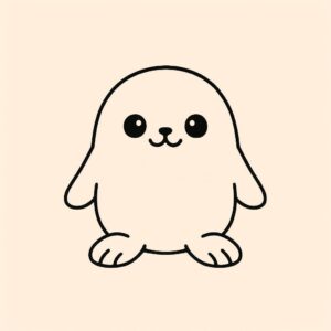 Coloring page of a smoosh squishy animal, puffy seal sitting happily