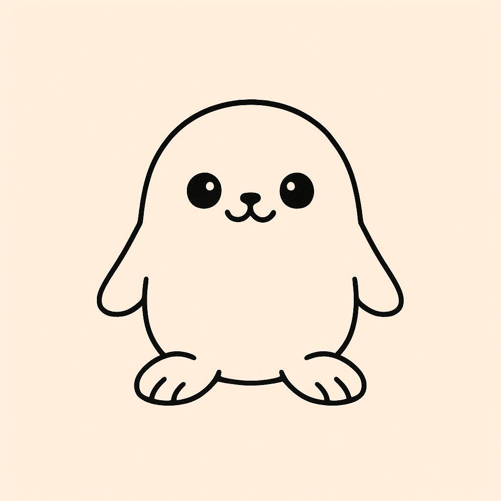 Coloring page of a smoosh squishy animal, puffy seal sitting happily
