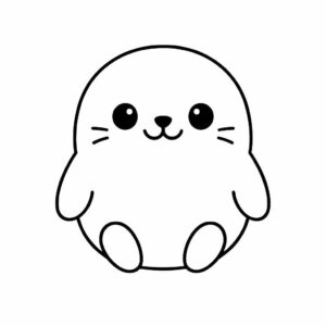 Coloring page of a smoosh squishy animal, puffy seal sitting happily
