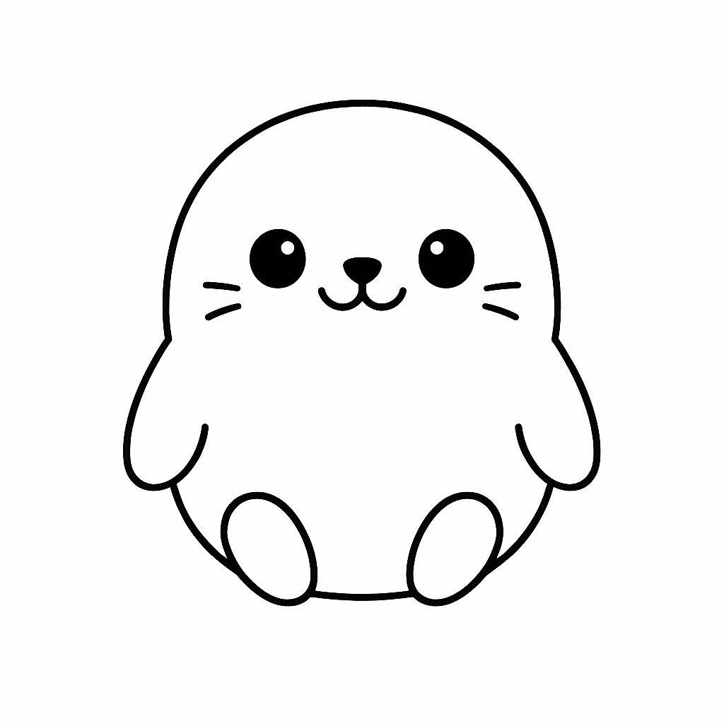 Coloring page of a smoosh squishy animal, puffy seal sitting happily