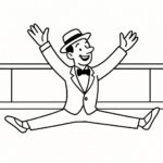 Page de coloriage d&rsquo;un artiste traditionnel, interprète de jazz faisant un grand écart