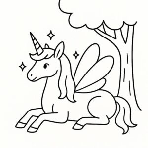 Coloring page of a unicorn, dream steed lying under a tree