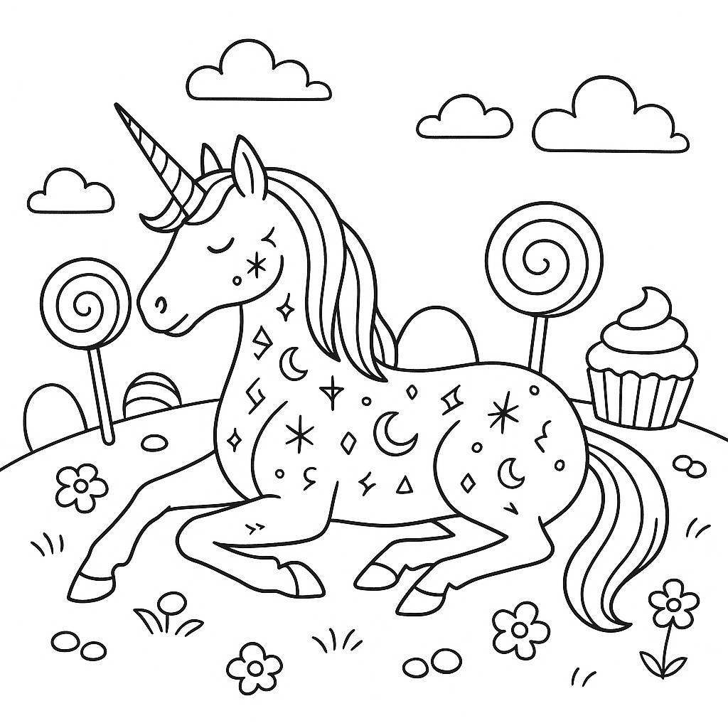 Coloring page of a unicorn, dream steed resting in a meadow