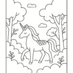 Page à colorier d&rsquo;une licorne, destrier de rêve errant à travers une forêt enchantée