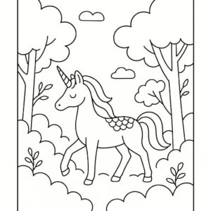Coloring page of a unicorn, dream steed wandering through an enchanted forest