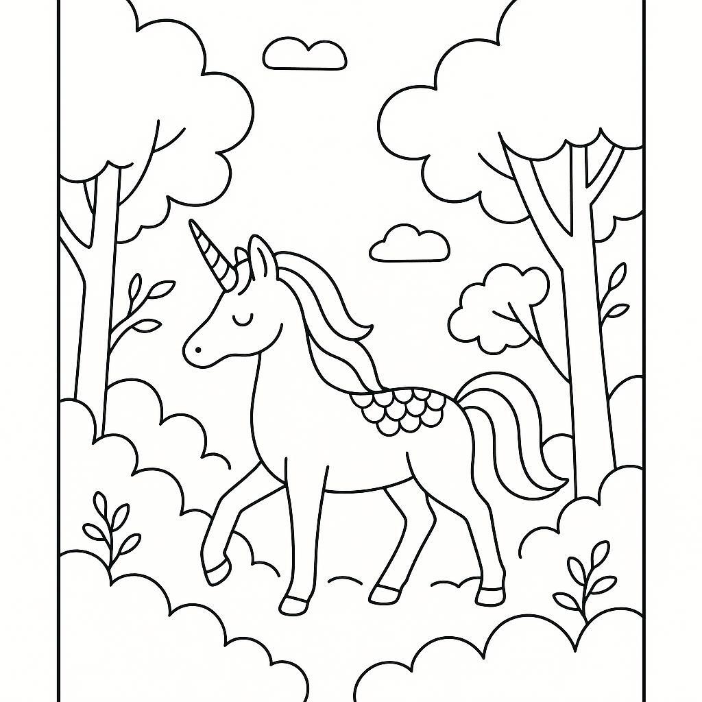 Coloring page of a unicorn, dream steed wandering through an enchanted forest