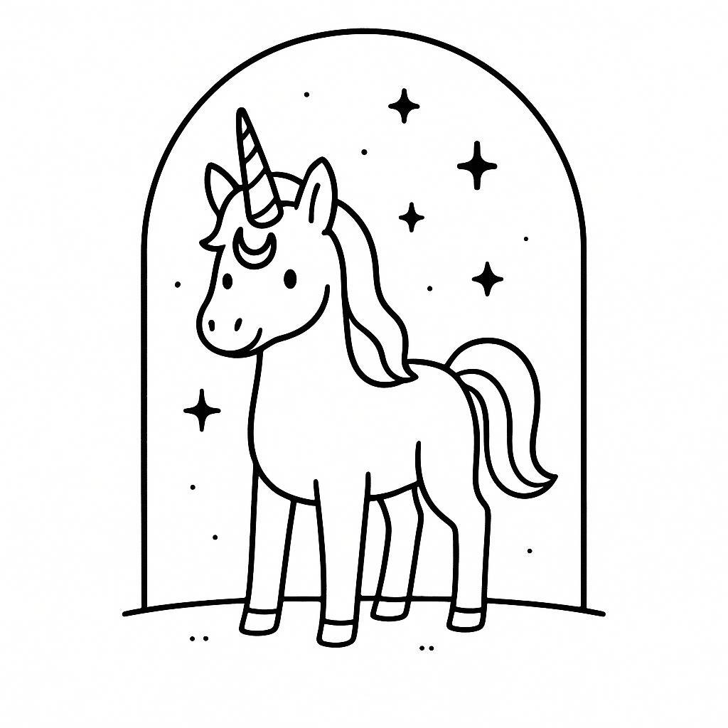 Coloring page of a unicorn, fantasy friend standing in a magical portal